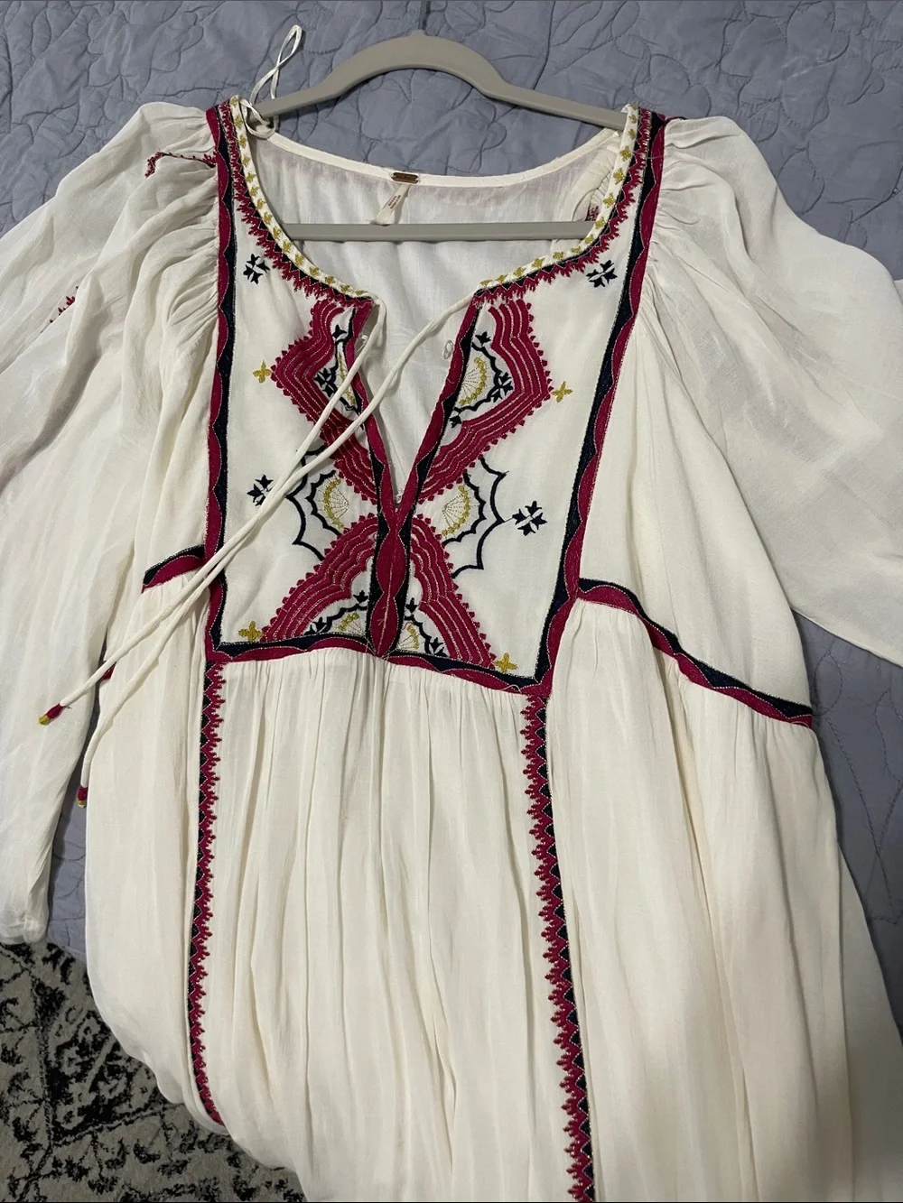 Free People Ivory Midi Dress with Red Embroidery